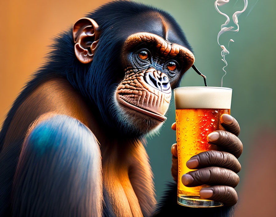 Digitally altered image of chimpanzee holding beer pint