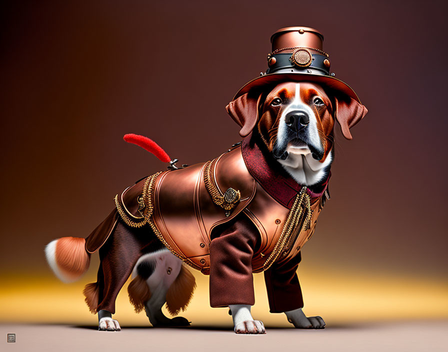 Steampunk-style dressed dog on warm gradient background