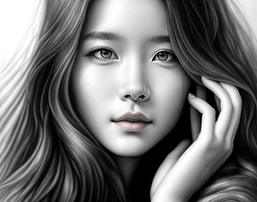 Monochrome portrait of young woman with long wavy hair and gentle eyes