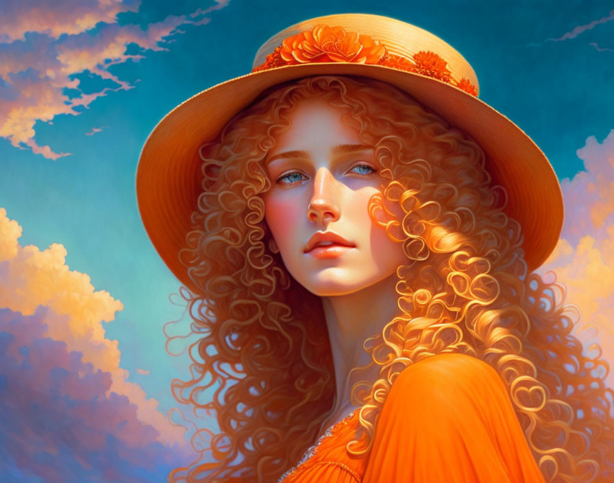 Digital artwork: Woman with curly hair in orange hat and dress under blue sky.