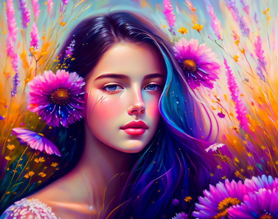 Colorful Digital Painting of Young Woman with Blue Hair in Flower Field