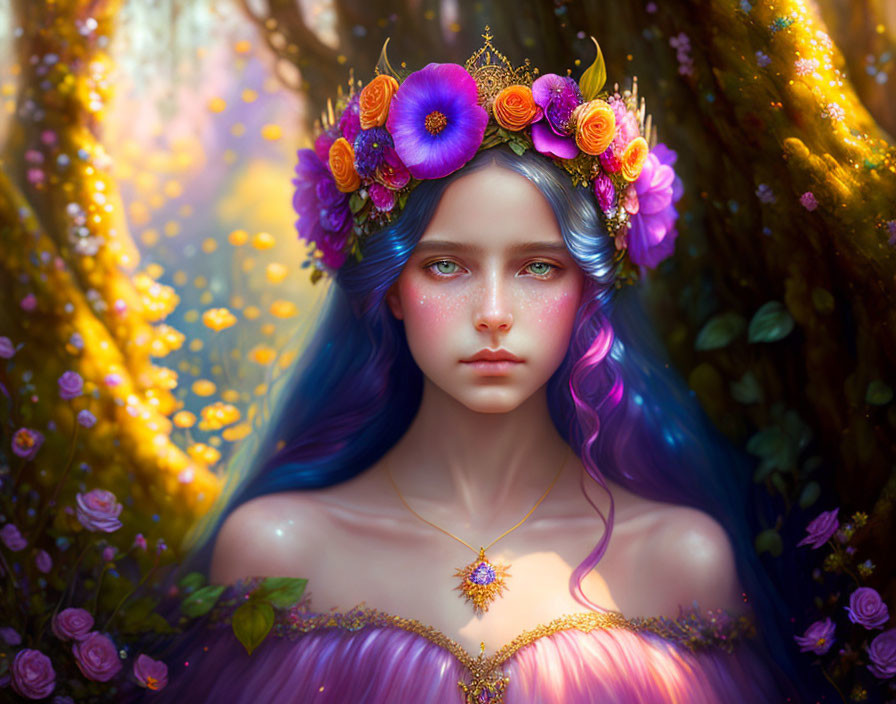 Fantasy digital art: Blue-haired figure with floral crown in enchanted forest.