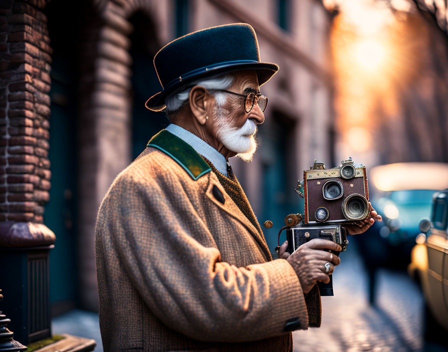 Elderly man in vintage attire with old-fashioned camera on city street at sunset