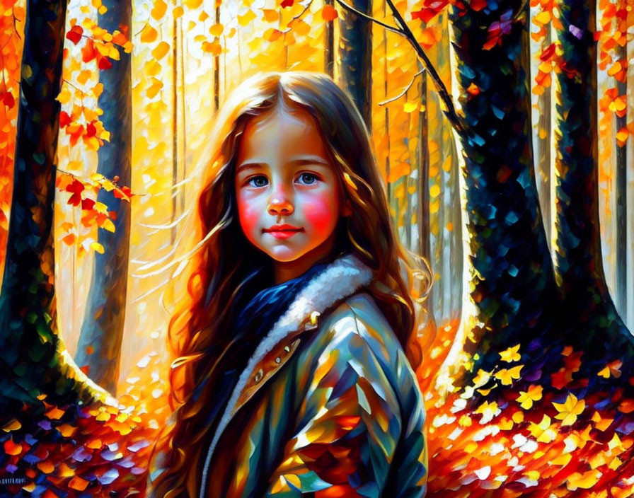 Young girl in blue coat surrounded by autumn forest with sunlight filtering through leaves.