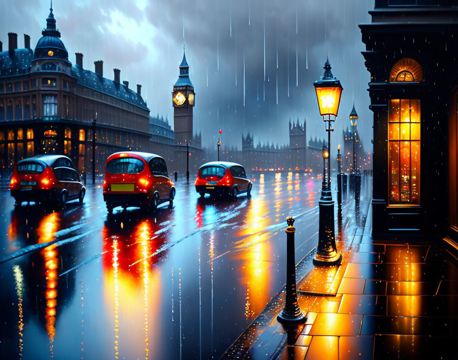 London Rainy Evening: Big Ben, Red Buses, Glowing Street Lamps