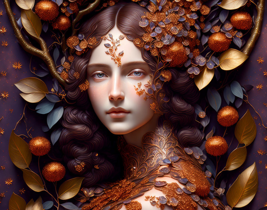 Fantasy portrait of woman with gold leaf and floral adornments in autumnal hues