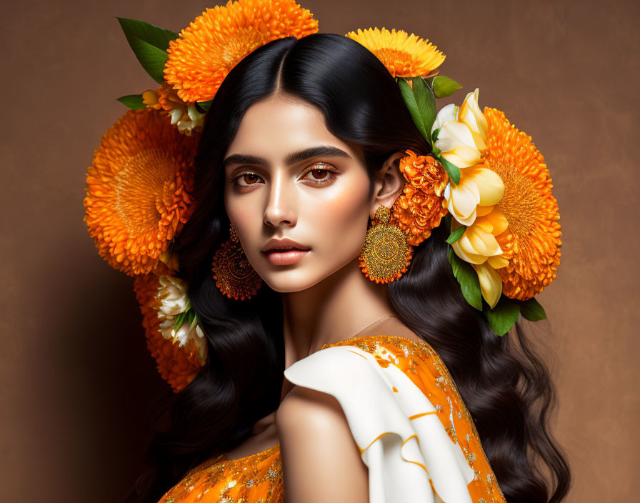 Woman in Floral Headdress and Orange Outfit on Brown Background