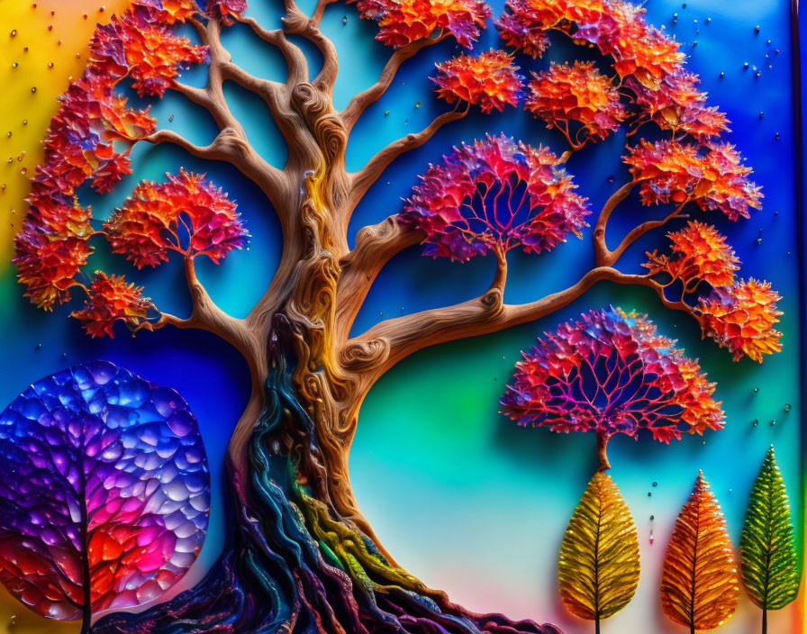 Colorful tree art with multicolored leaves on gradient background