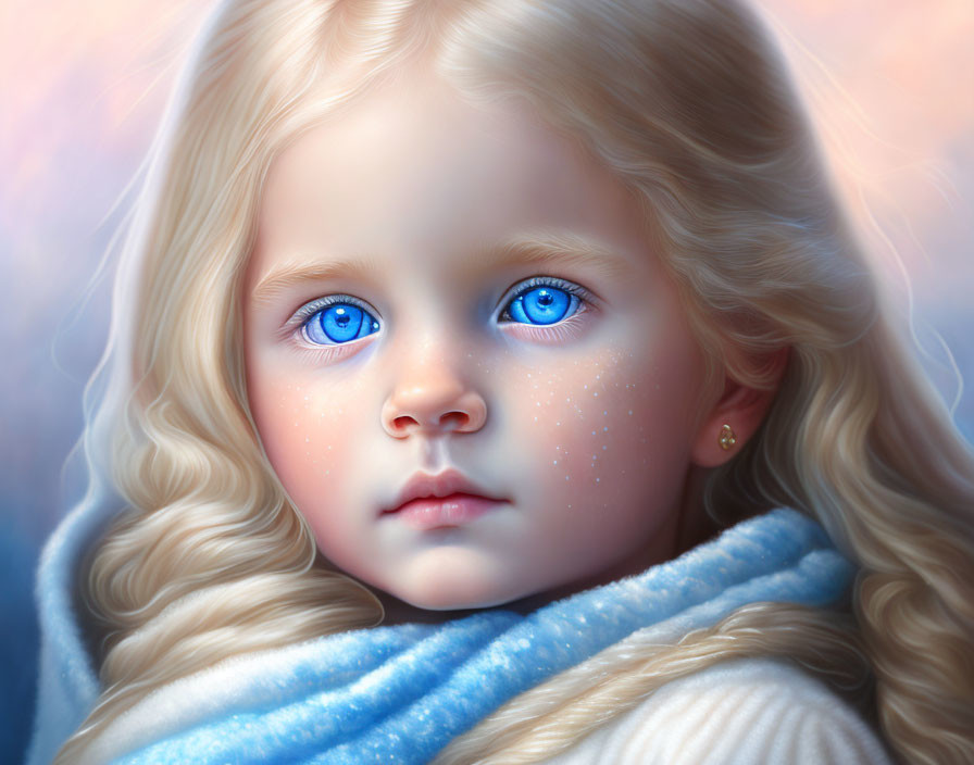 Young girl with blue eyes, blonde hair, and blue scarf portrait.