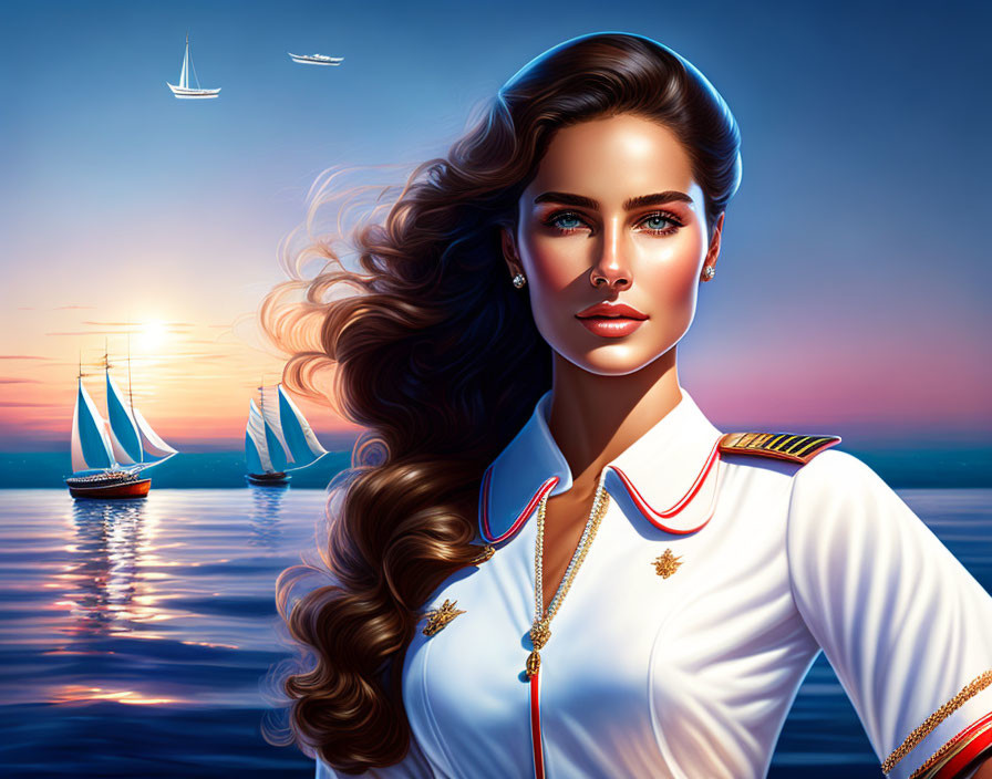 Woman in naval uniform with flowing hair against sunset ocean backdrop.