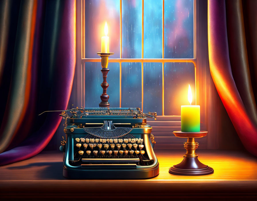 Vintage typewriter on wooden table near rainy window with candles