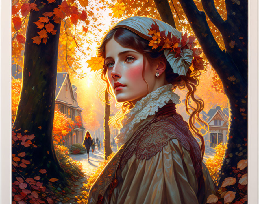 Vintage woman with leaves in hair in serene autumn setting.