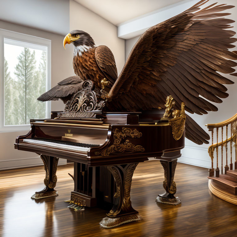 Eagle perched on grand piano in well-lit room