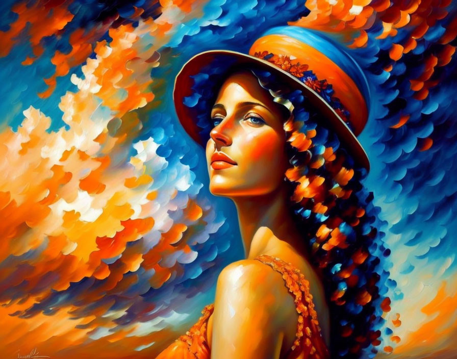 Colorful painting of woman in wide-brimmed hat with swirling sky