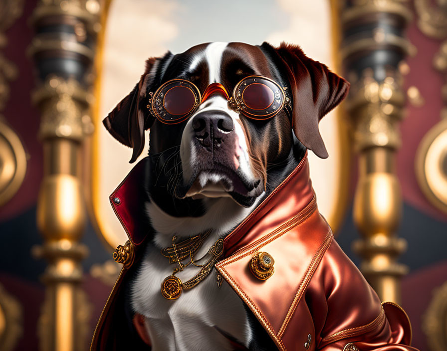 Regal dog in round sunglasses and red jacket with gold accents posing stylishly