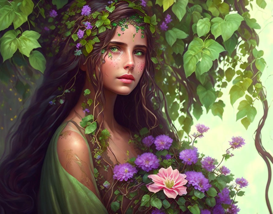 Illustration: Woman with long dark hair, green eyes, vine crown, purple flowers, surrounded by