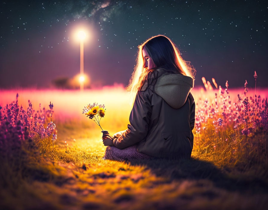 Woman sitting in flower field at night with streetlight and stars