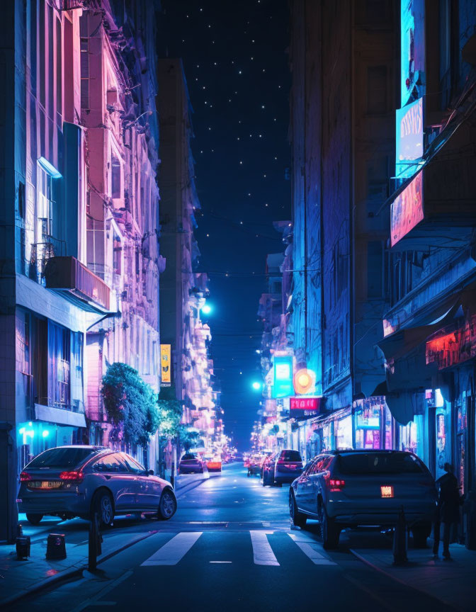 Urban Street at Night with Neon Lights and Starry Sky