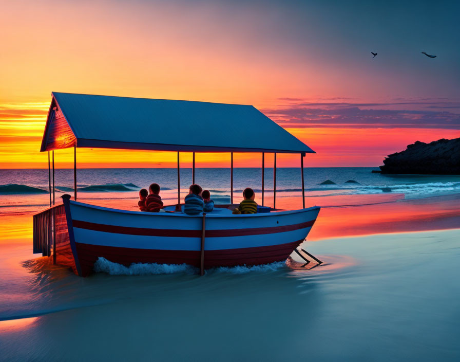 Four people in a boat at beach during beautiful sunset