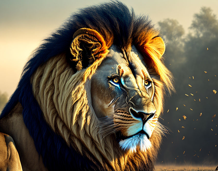 Majestic lion with rich mane on golden misty background