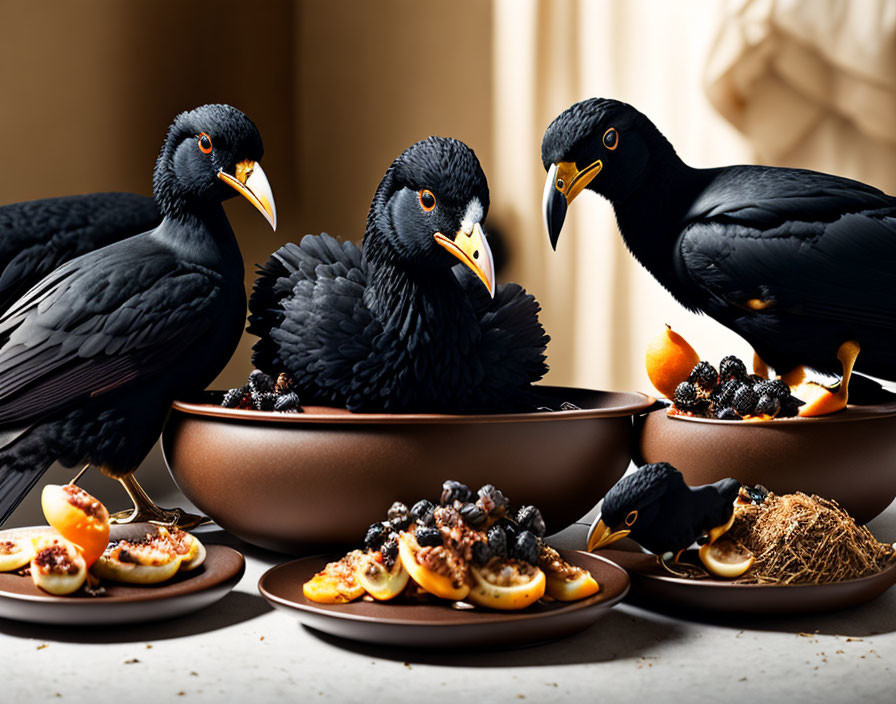 Four Blackbirds Perched on Bowls and Plates of Food on Beige Background