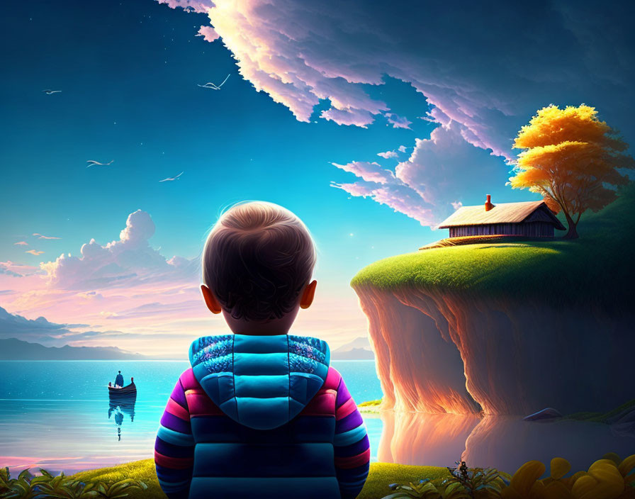 Child in Blue Jacket Admiring Cliff View at Twilight