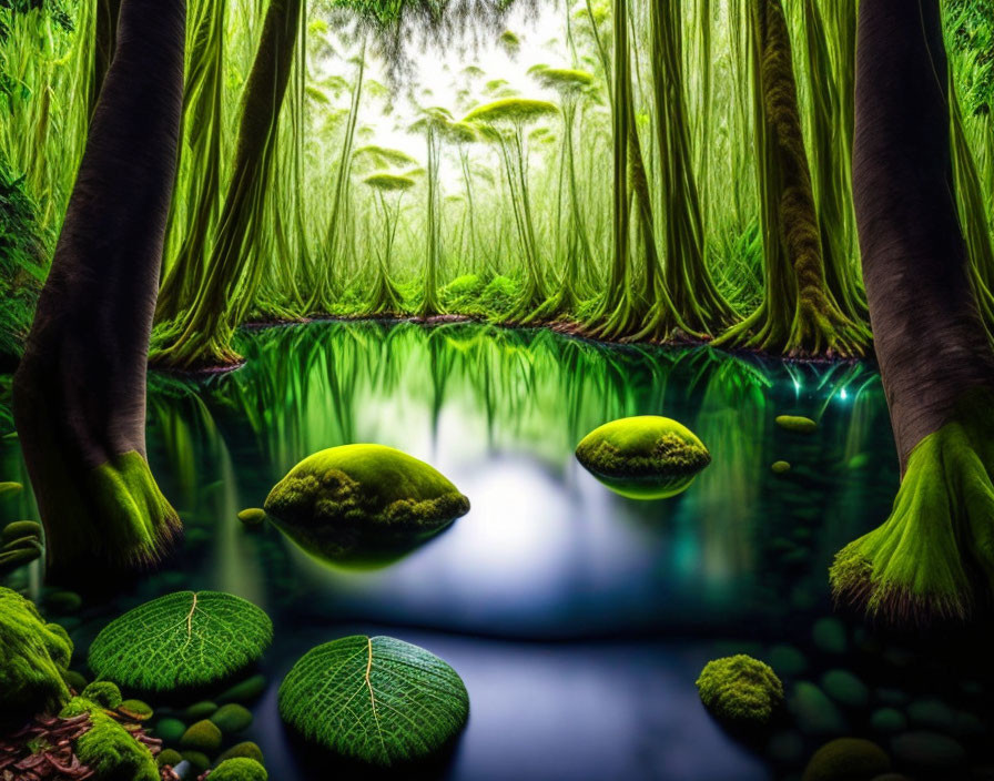 Tranquil green forest with moss-covered trees reflected in glassy water