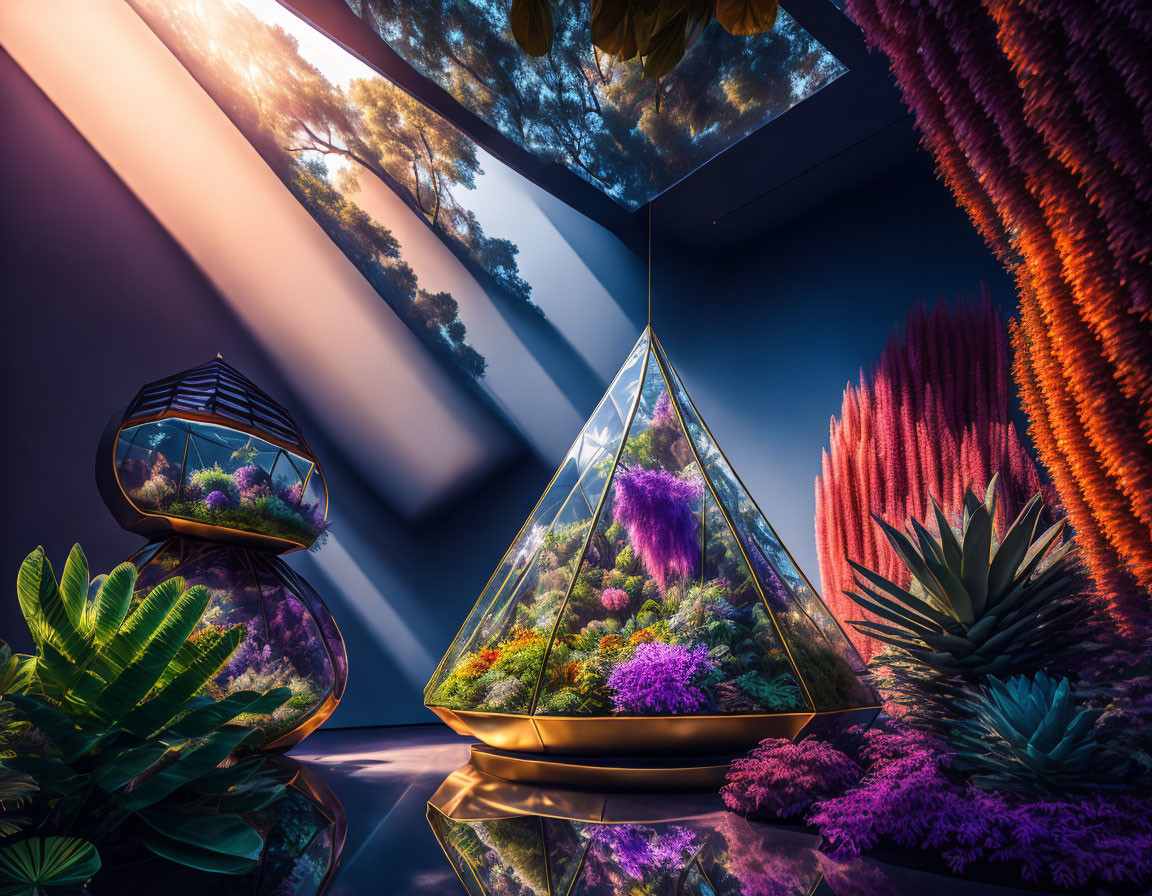 Colorful Surreal Indoor Garden with Pyramid Terrarium & Mirrored Ceilings