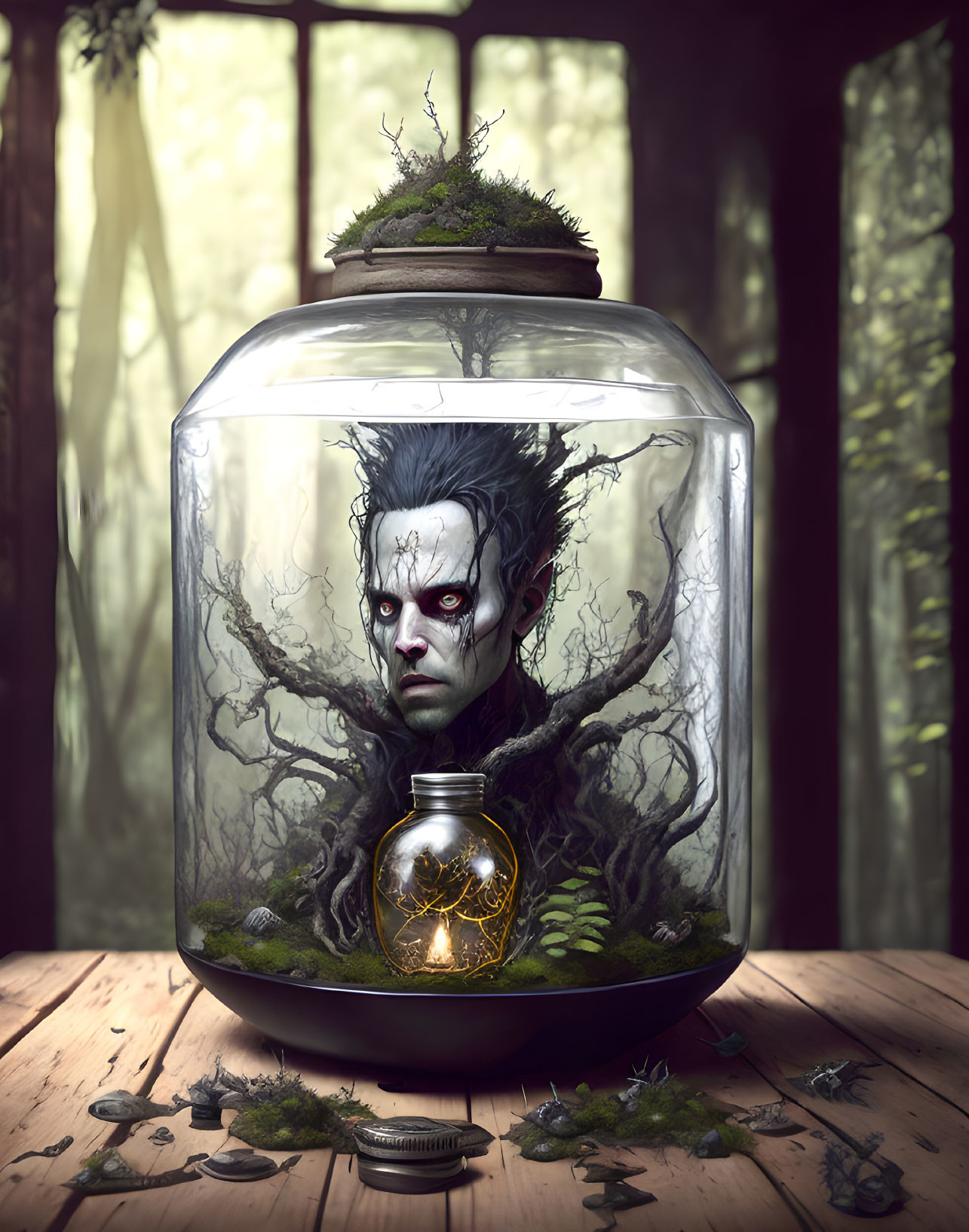 Fantasy illustration of vengeful tree spirit in glass jar on wooden table