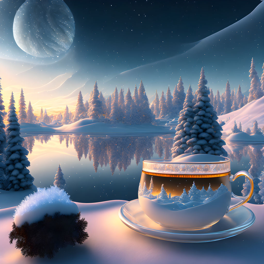 Snow-covered trees under starry sky with tea cup showing mountain landscape