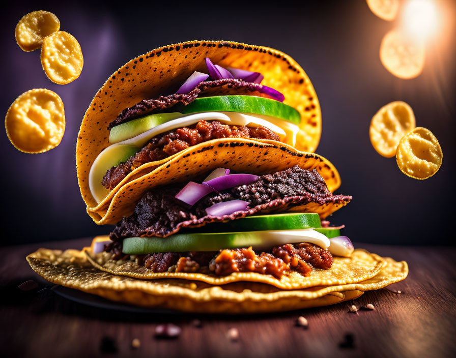 Savory beef taco with cheese, avocado, onion, and crispy chips on warm bokeh background