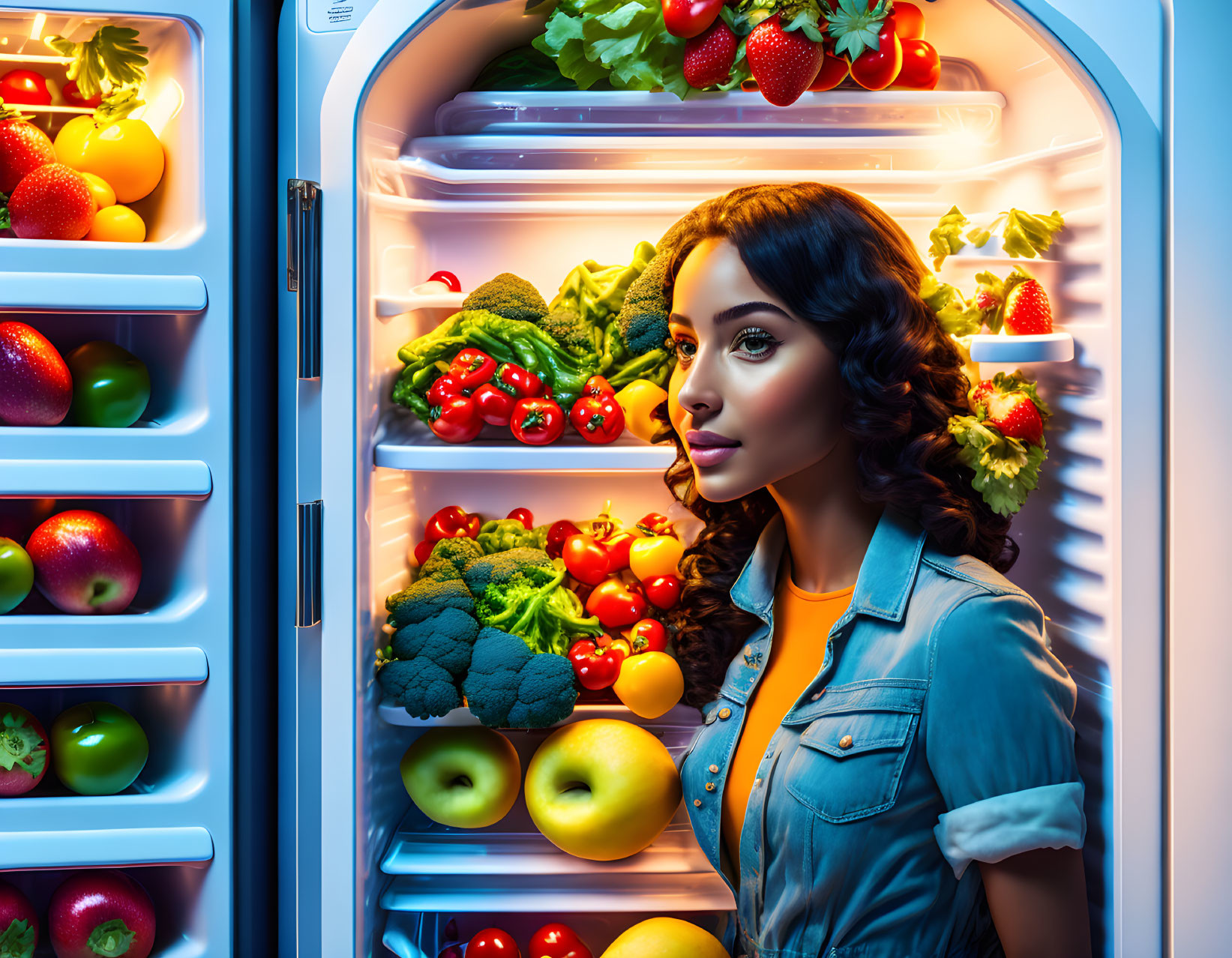 Woman standing by open fridge with fresh fruits and vegetables