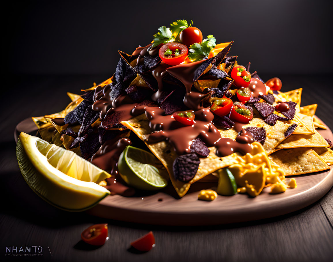 Cheese Nachos with Tomatoes and Green Chili on Wooden Table