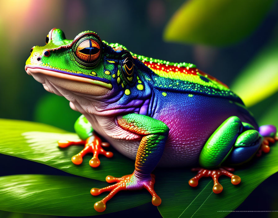 Vividly Detailed Frog Perched on Leaf with Iridescent Hues