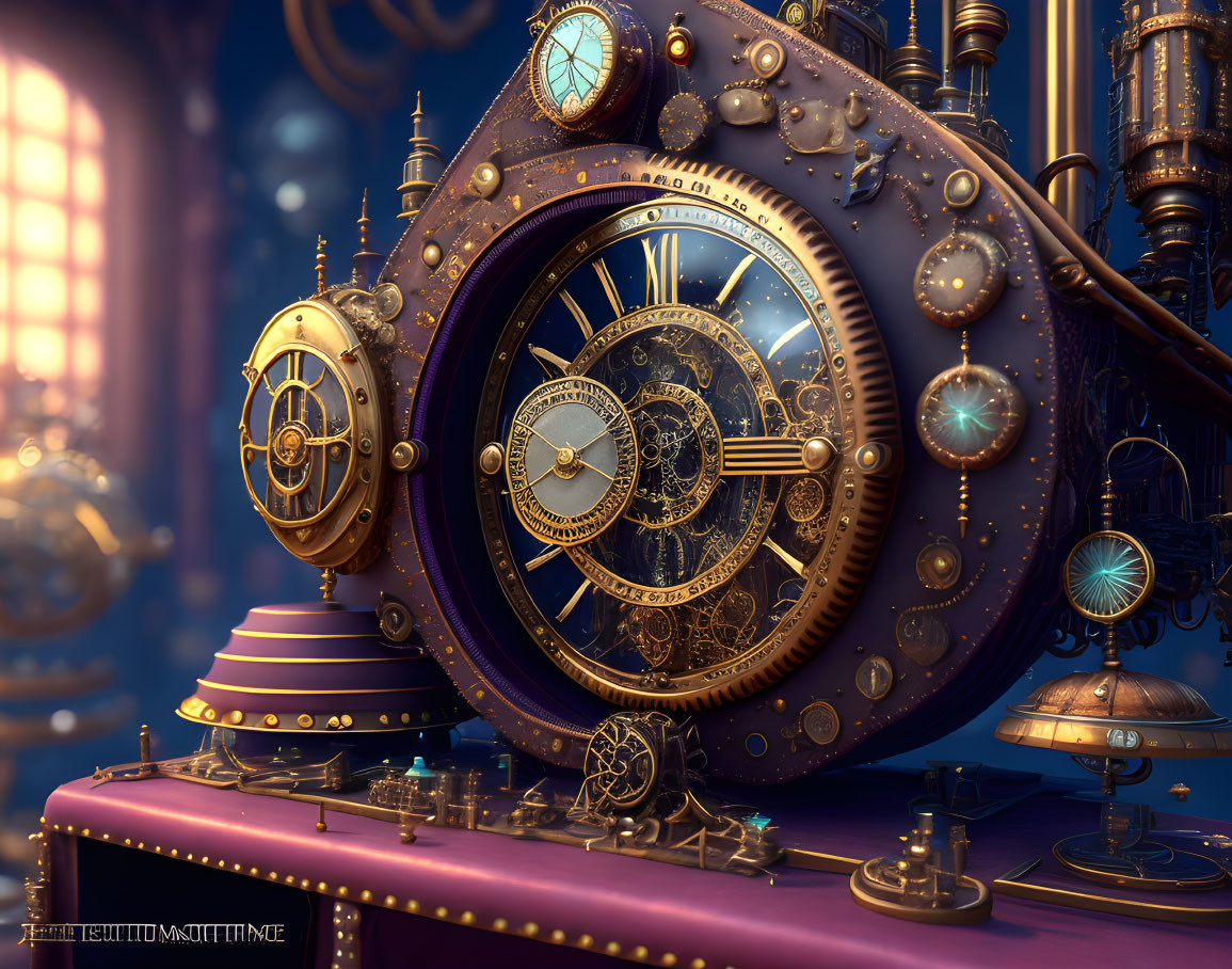 Steampunk-themed apparatus with gears, clocks, and metallic pipes in dimly lit room