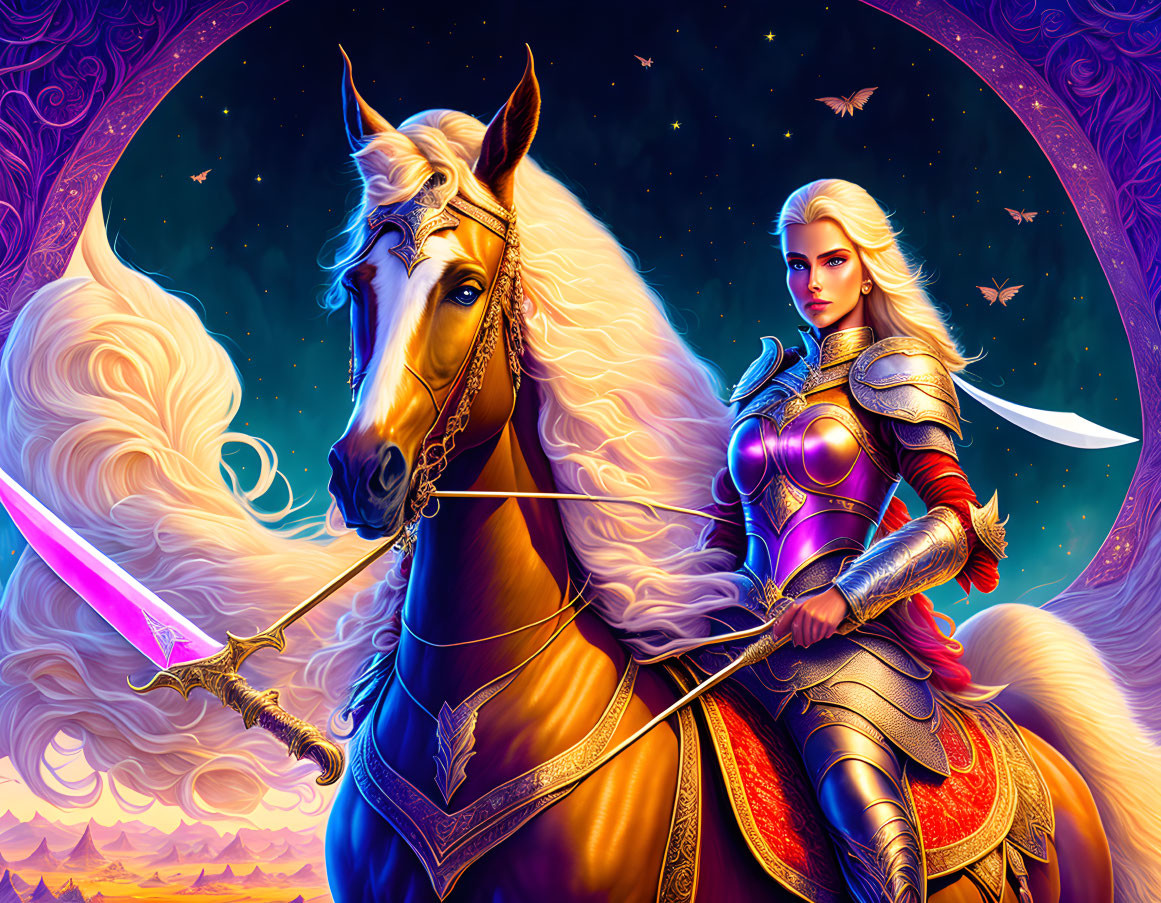 Fantasy illustration of blonde warrior woman on golden horse with pink sword