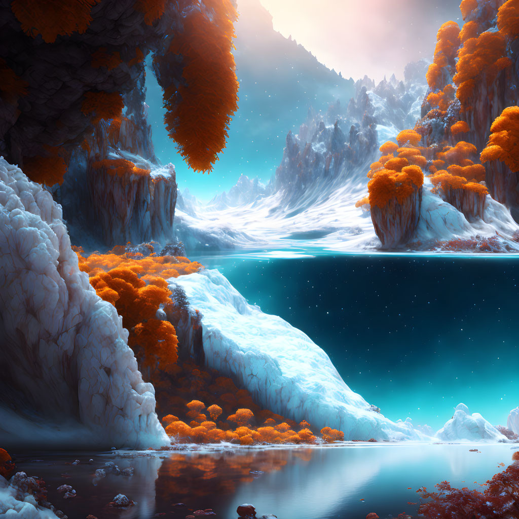 Fantastical landscape with icy cliffs, orange foliage, and calm lake.