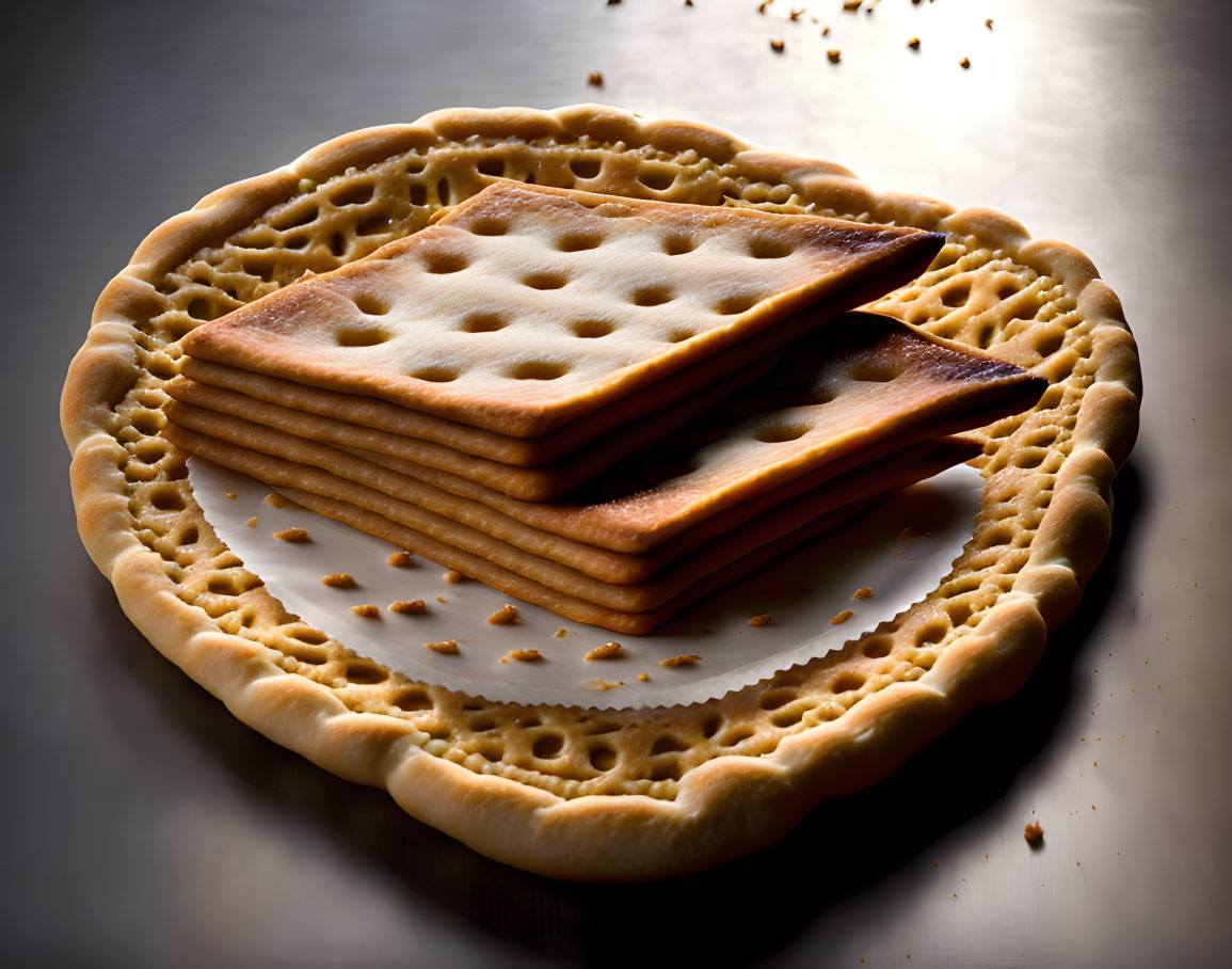 Square crackers stacked on round cracker with decorative edge on crumb-covered surface