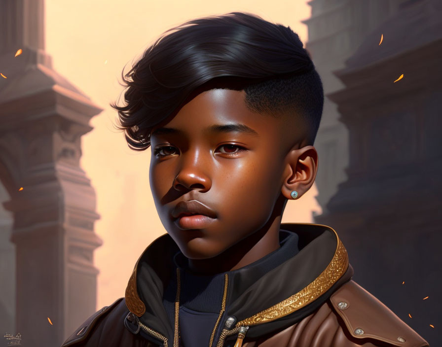 Modern digital portrait of young person in brown and gold jacket against architectural backdrop