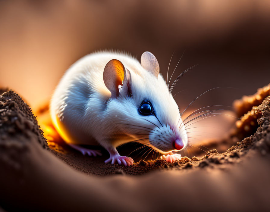 White Mouse with Dark Face Markings in Warm-Lit Sand