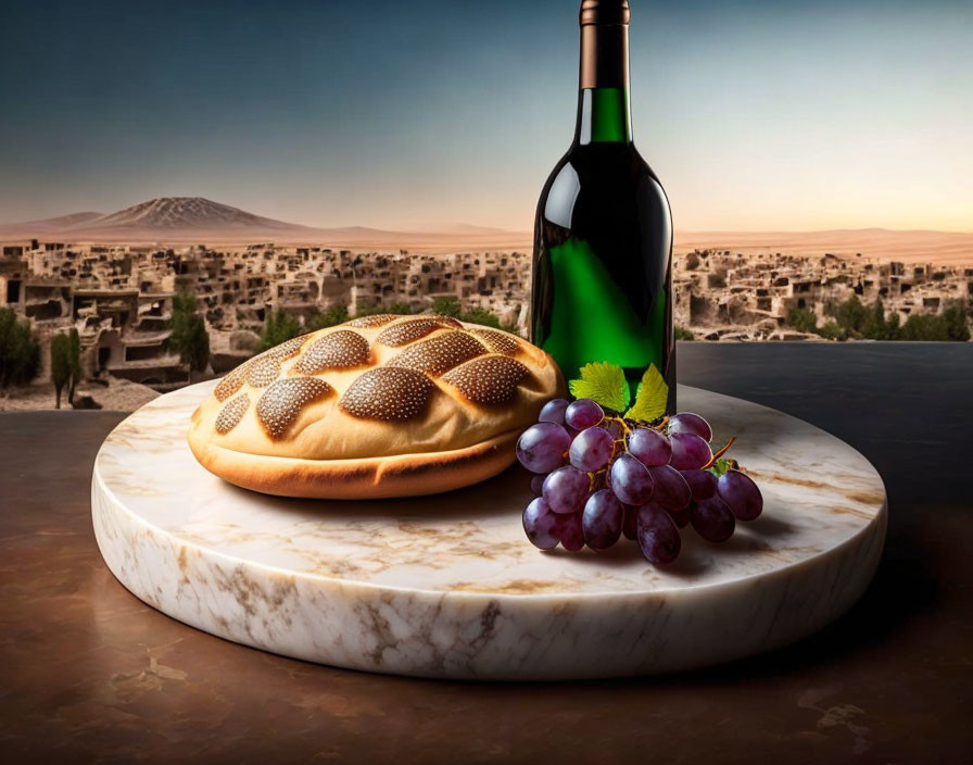 Bread, wine, grapes on marble table with desert landscape