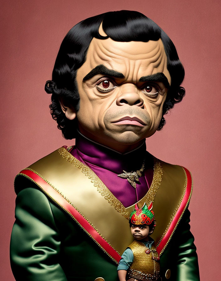 Caricatured portrait with human and simian features in regal uniform