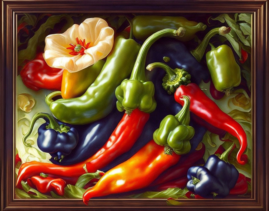 Colorful Bell Peppers Painting with White Flower Display