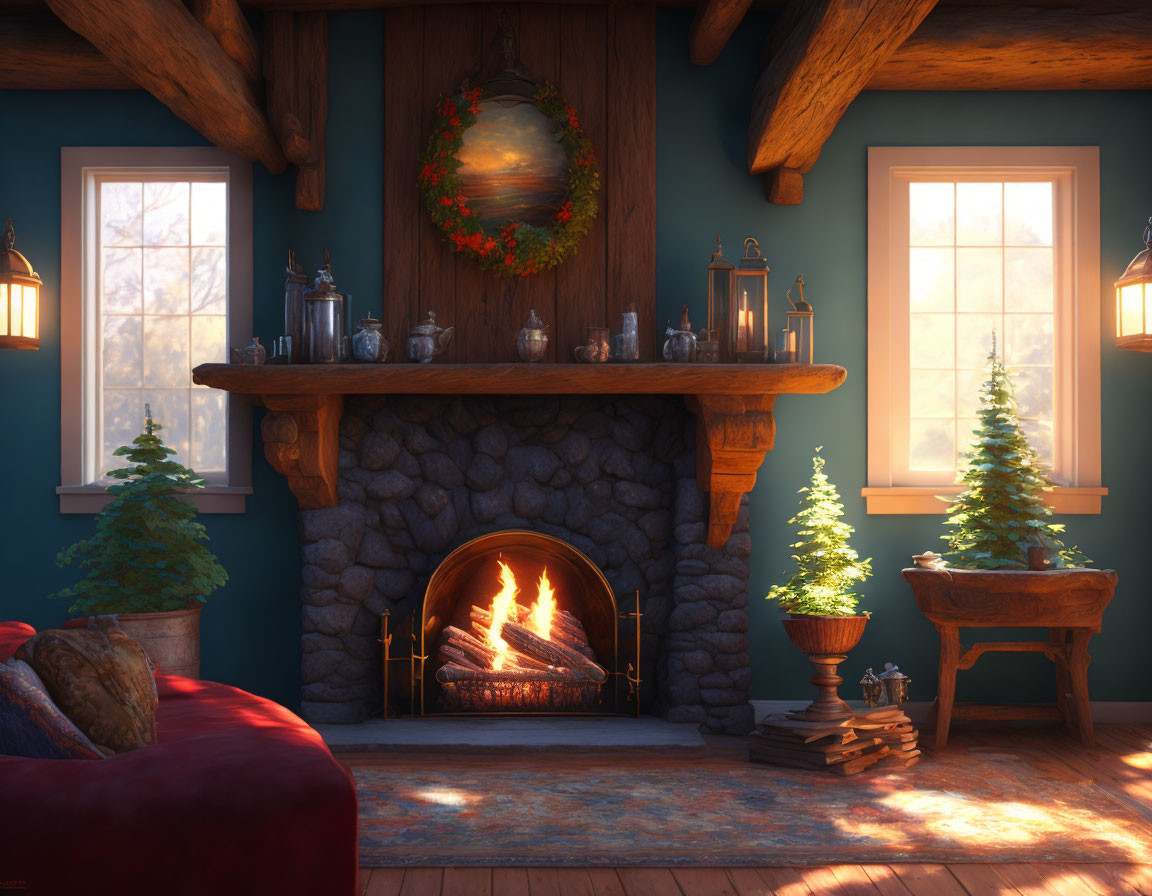 Warm and Cozy Room with Fireplace and Decorative Trees