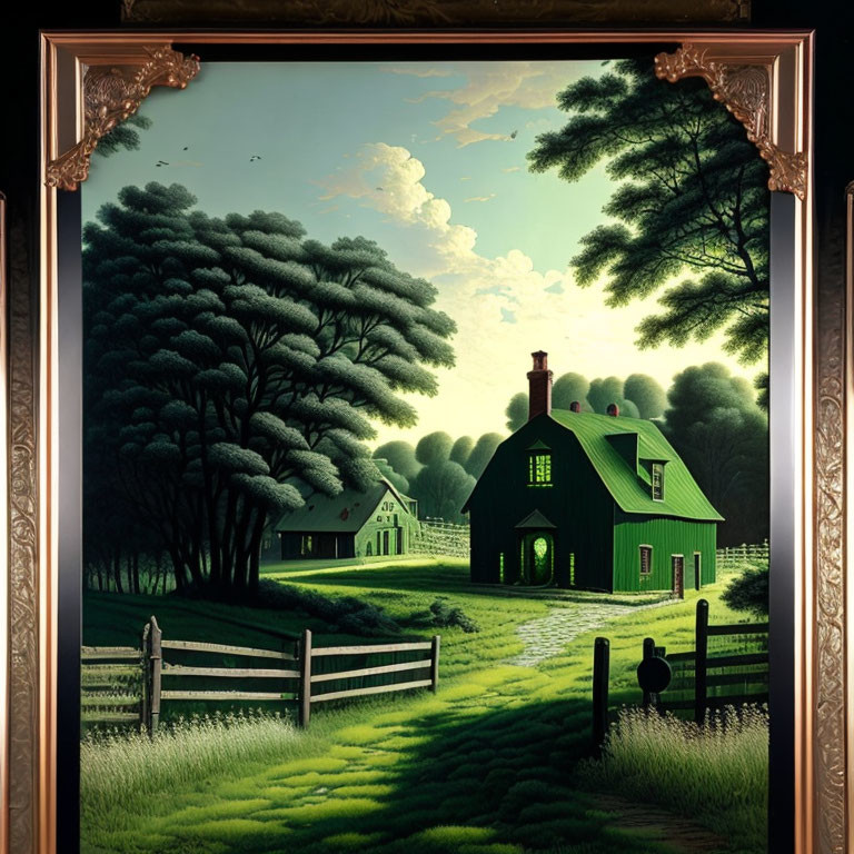 Tranquil countryside landscape with two houses and lush greenery in ornamental frame