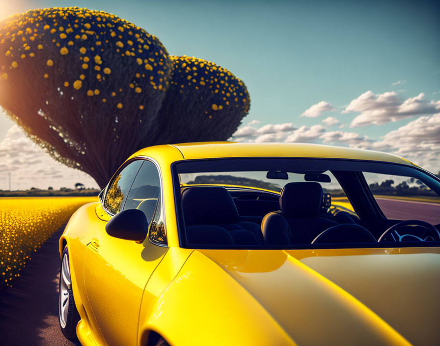 Yellow Sports Car Parked by Sunset, Tree, and Field of Flowers