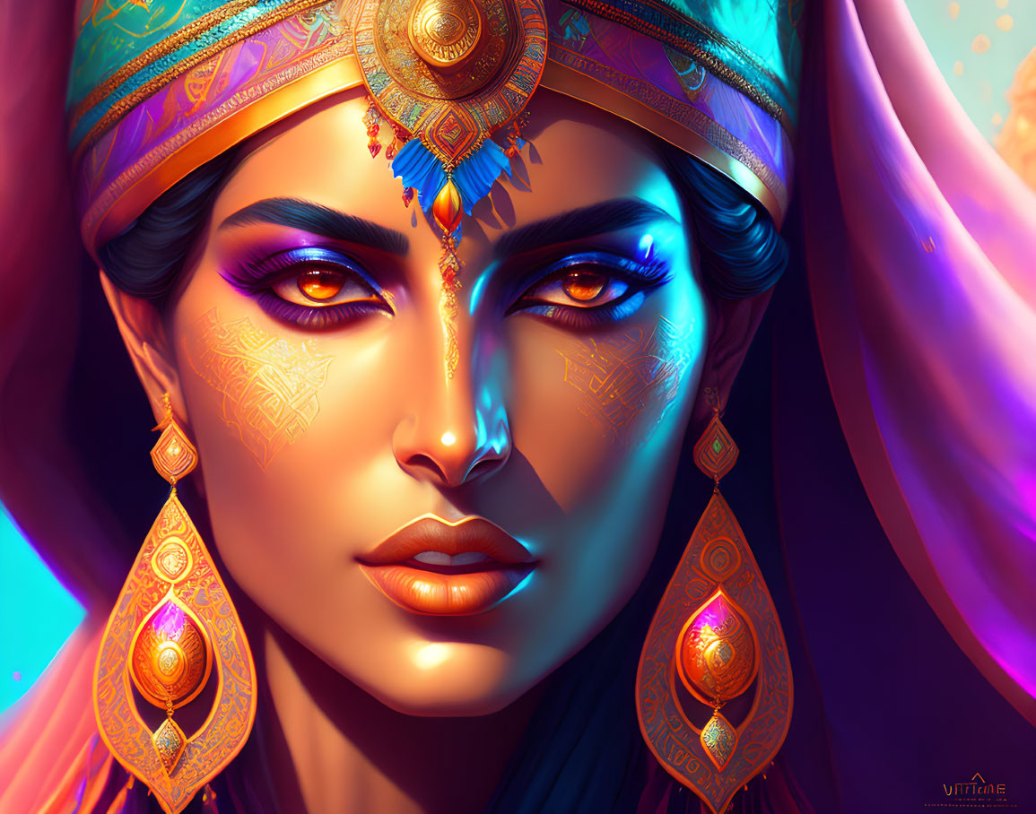 Colorful portrait of a woman with ornate jewelry and regal aura