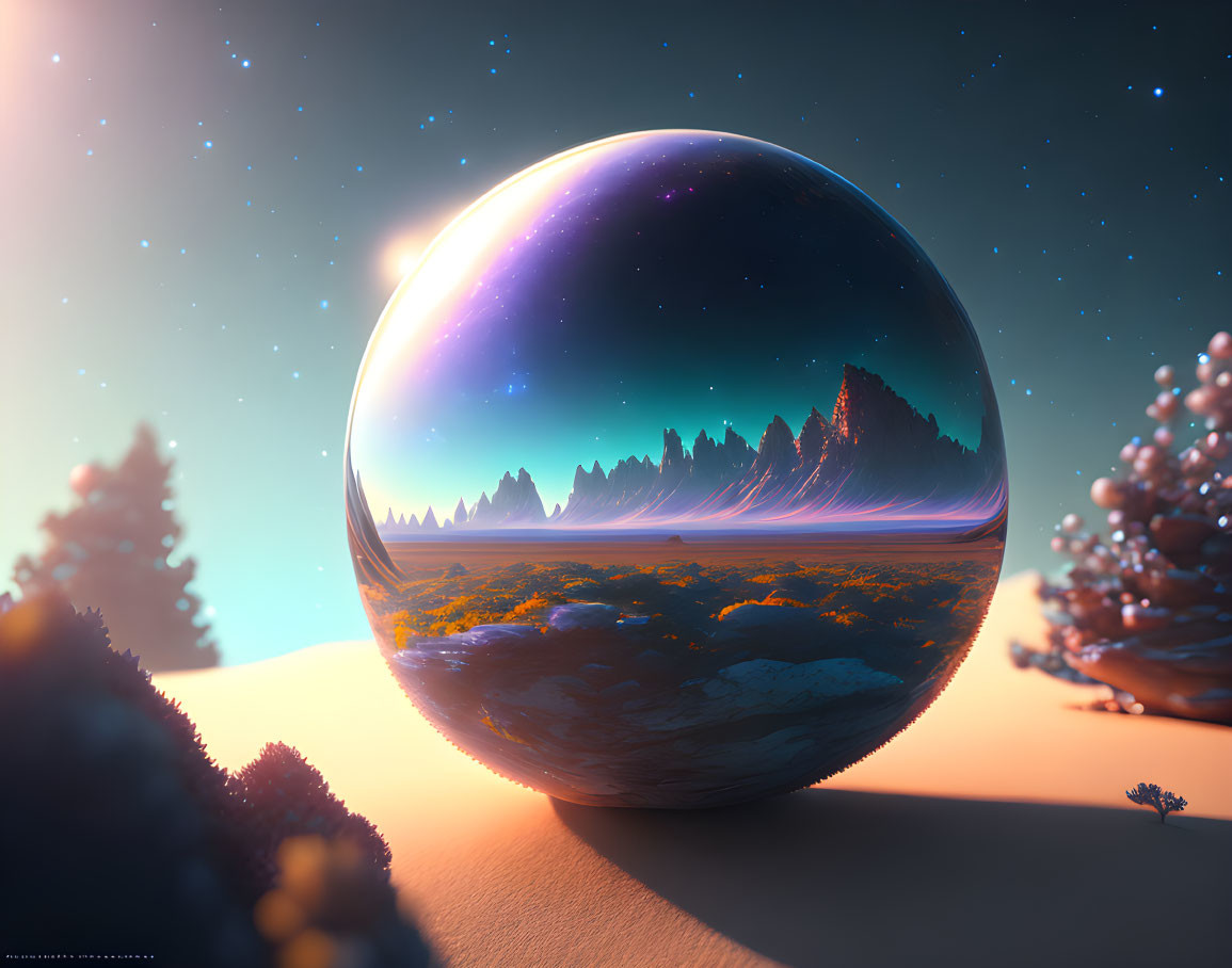 Surreal landscape with cosmic sphere, mountains, starry sky, desert, trees