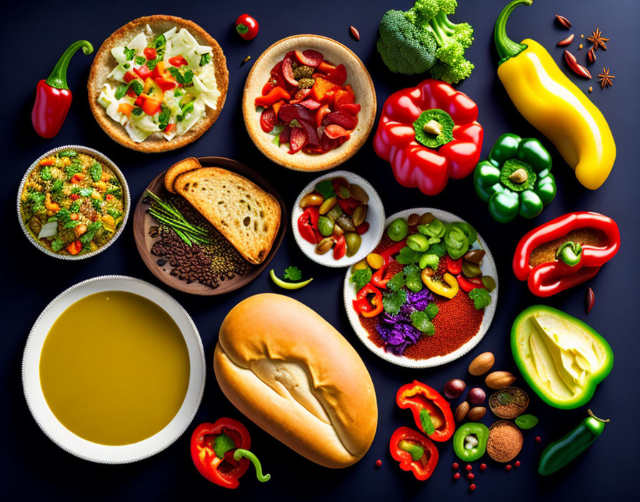 Vibrant array of healthy foods on dark surface