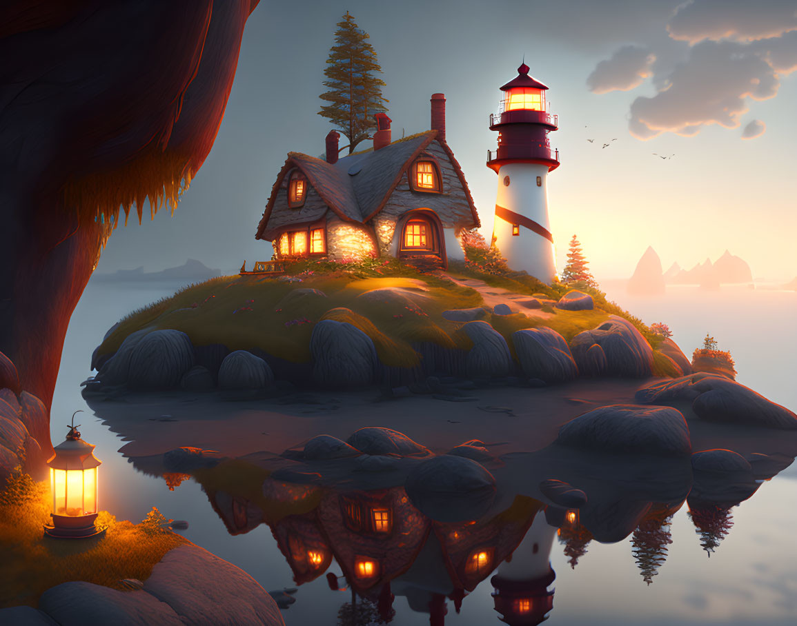 Cozy cottage and lighthouse on serene island at dusk